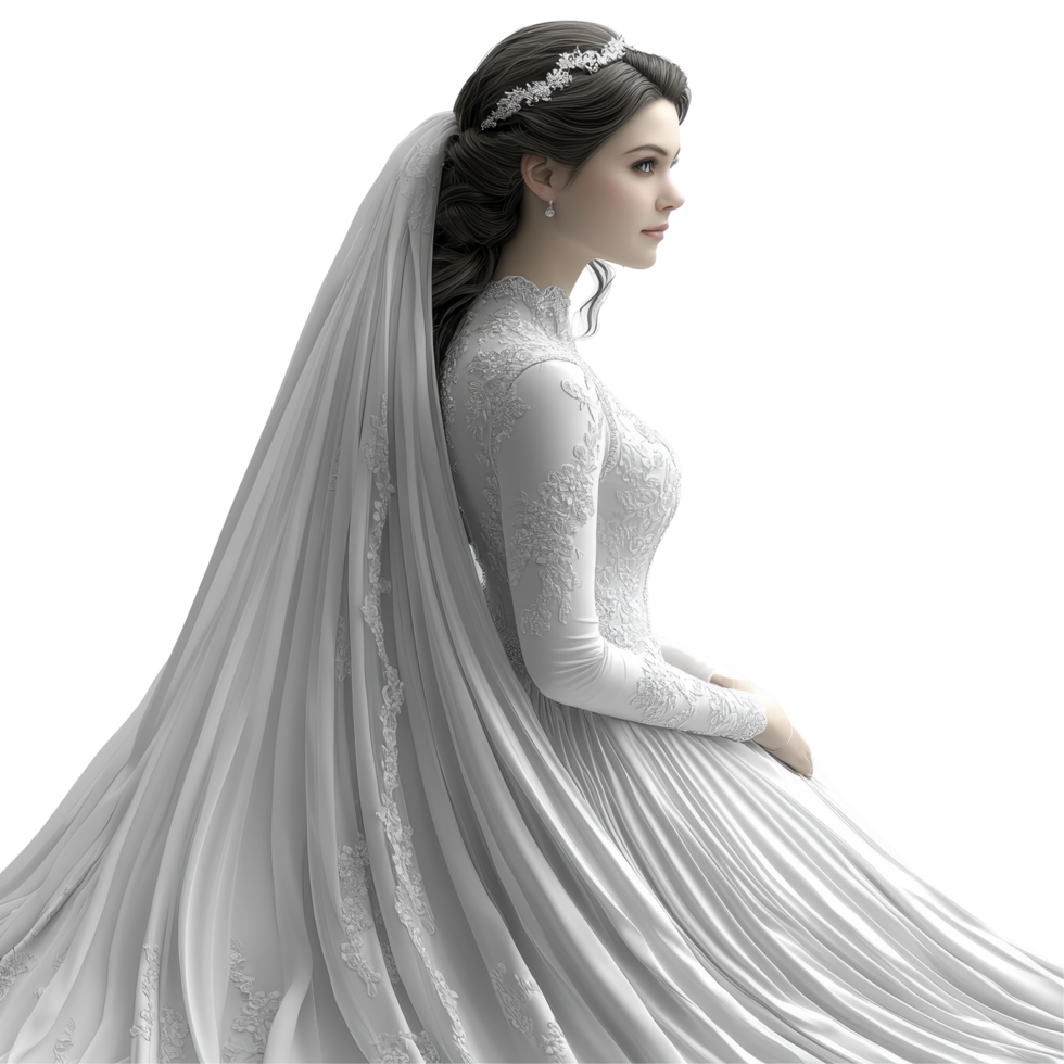 Elegant bride in a timeless white gown with a long veil seated gracefully against a plain background isolated on transparent background. png