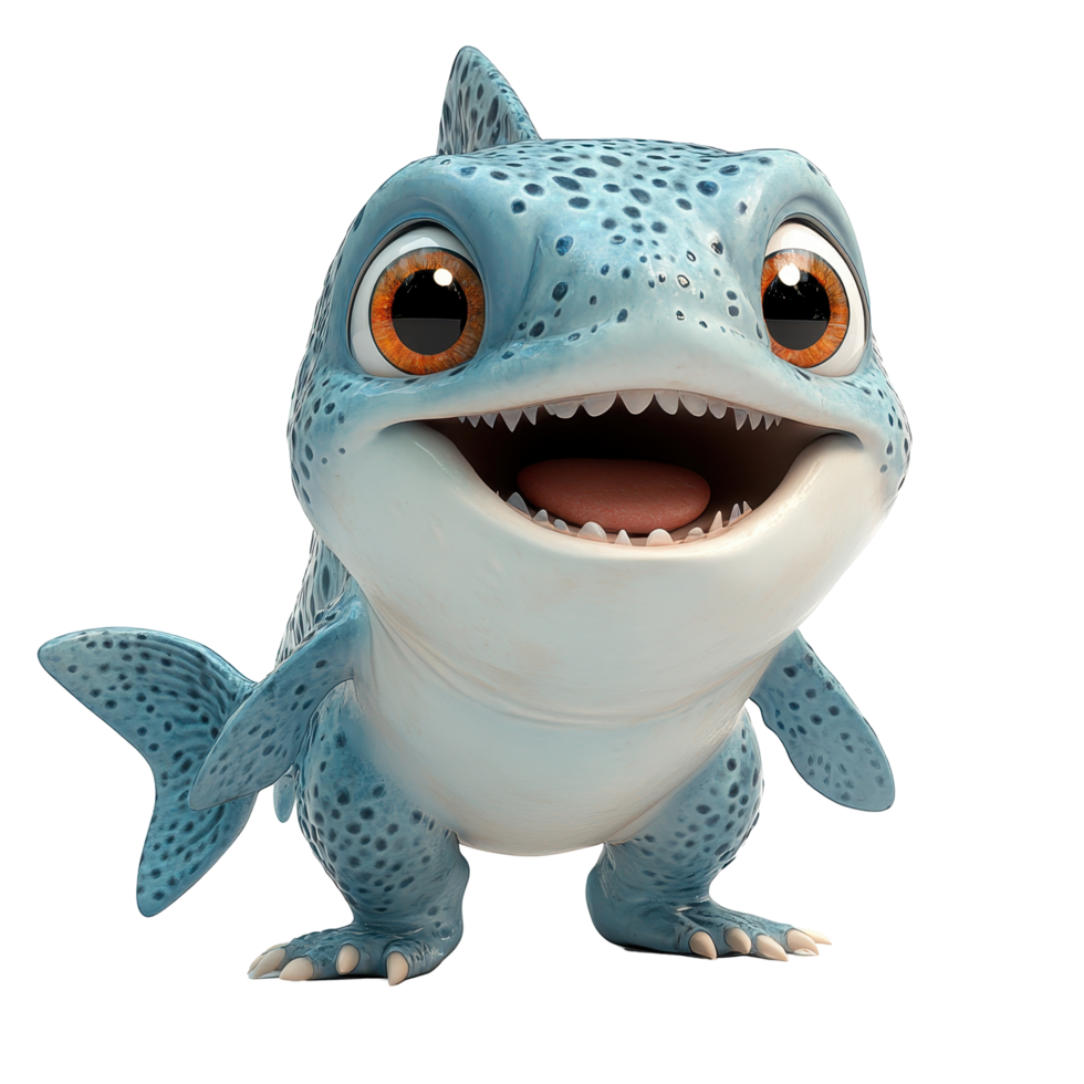 Cartoon character resembling a friendly blue creature with large eyes, smiling happily and showcasing playful features isolated on transparent background. png