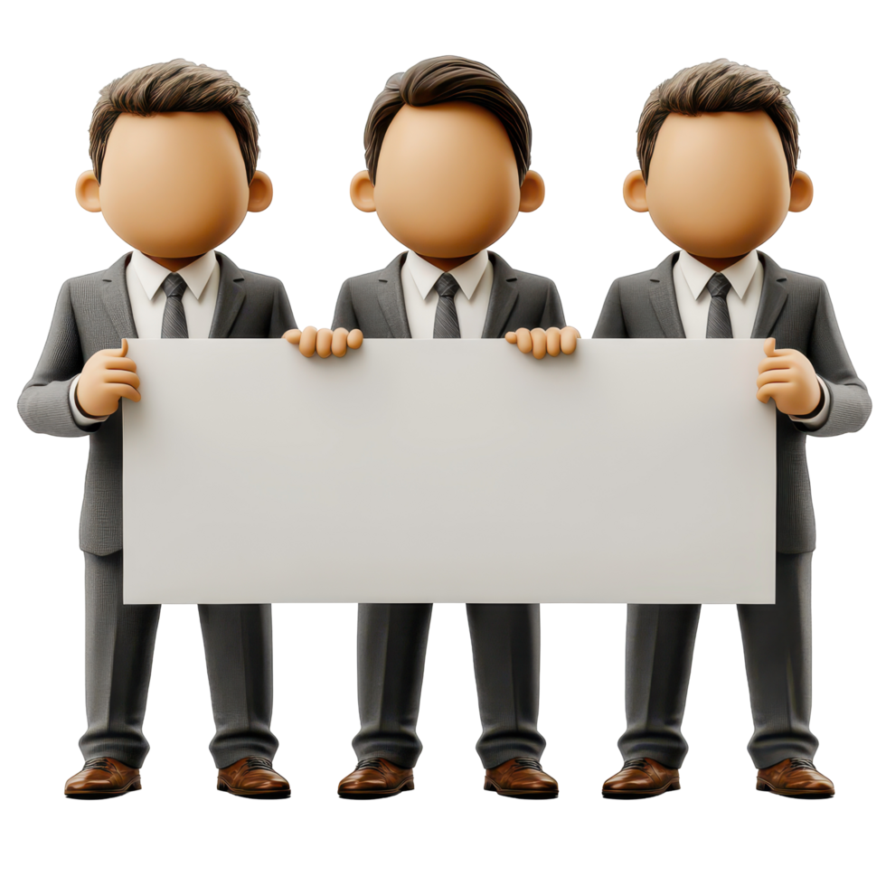 Three faceless business figures holding a blank sign in a minimalist setting with a focus on teamwork and communication isolated on transparent background. png