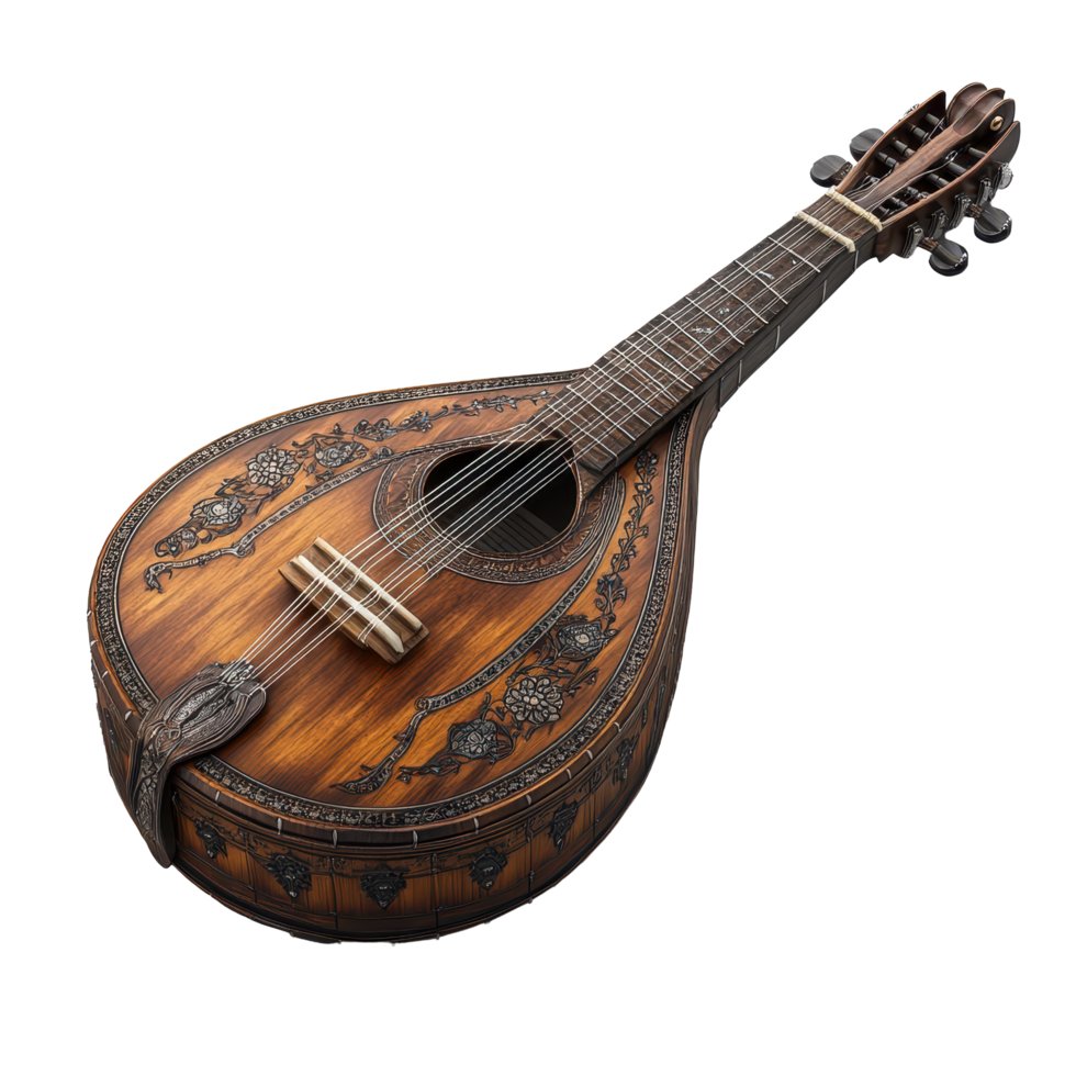 Artisan-crafted mandolin showcasing intricate design and craftsmanship displayed on a neutral background isolated on transparent background. png