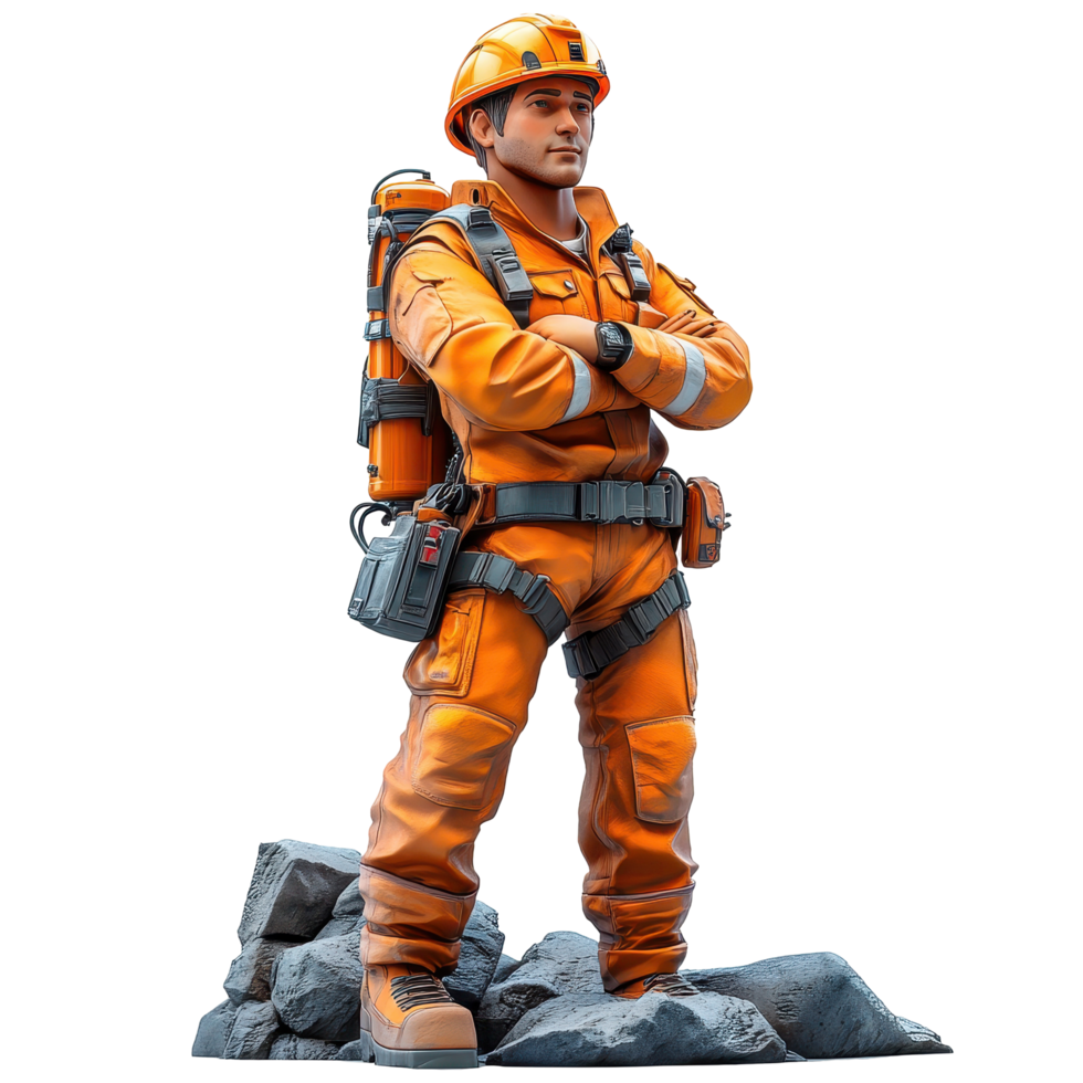 Skilled rescue worker in orange gear poses confidently on rocky terrain during emergency response training isolated on transparent background. png