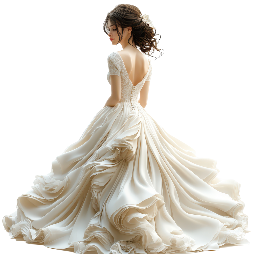 Elegant bride in flowing white dress showcasing intricate details during a wedding preparation isolated on transparent background. png