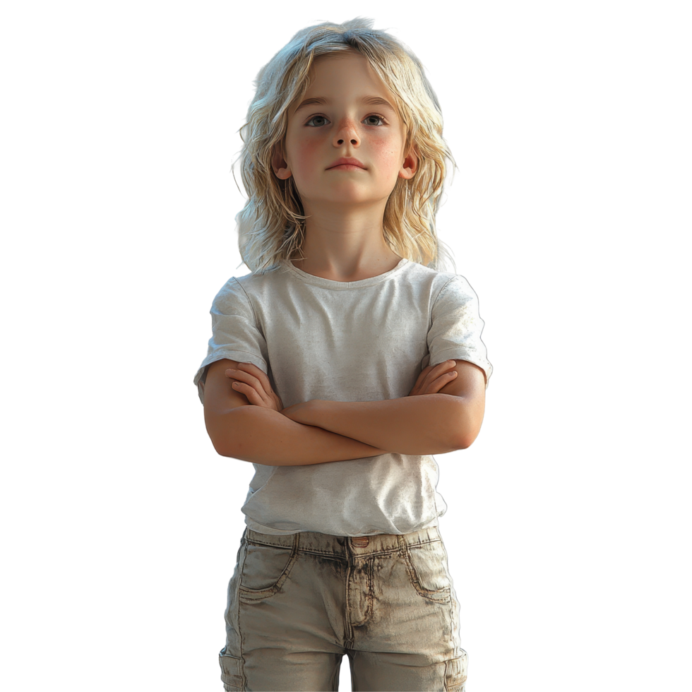 Confident child standing with crossed arms in a casual outfit against a plain background isolated on transparent background. png