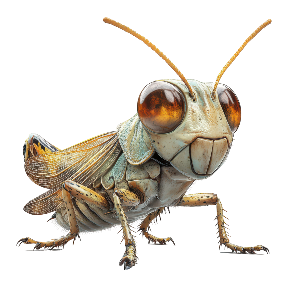 Curious grasshopper with large eyes perched on a branch in a sunny meadow during springtime isolated on transparent background. png
