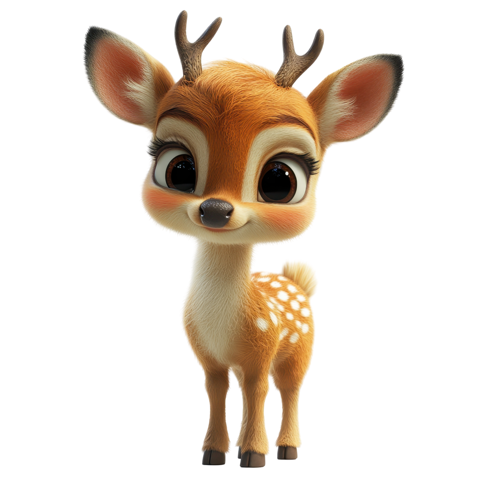 Cute animated deer character with large eyes stands happily in a colorful forest setting isolated on transparent background. png