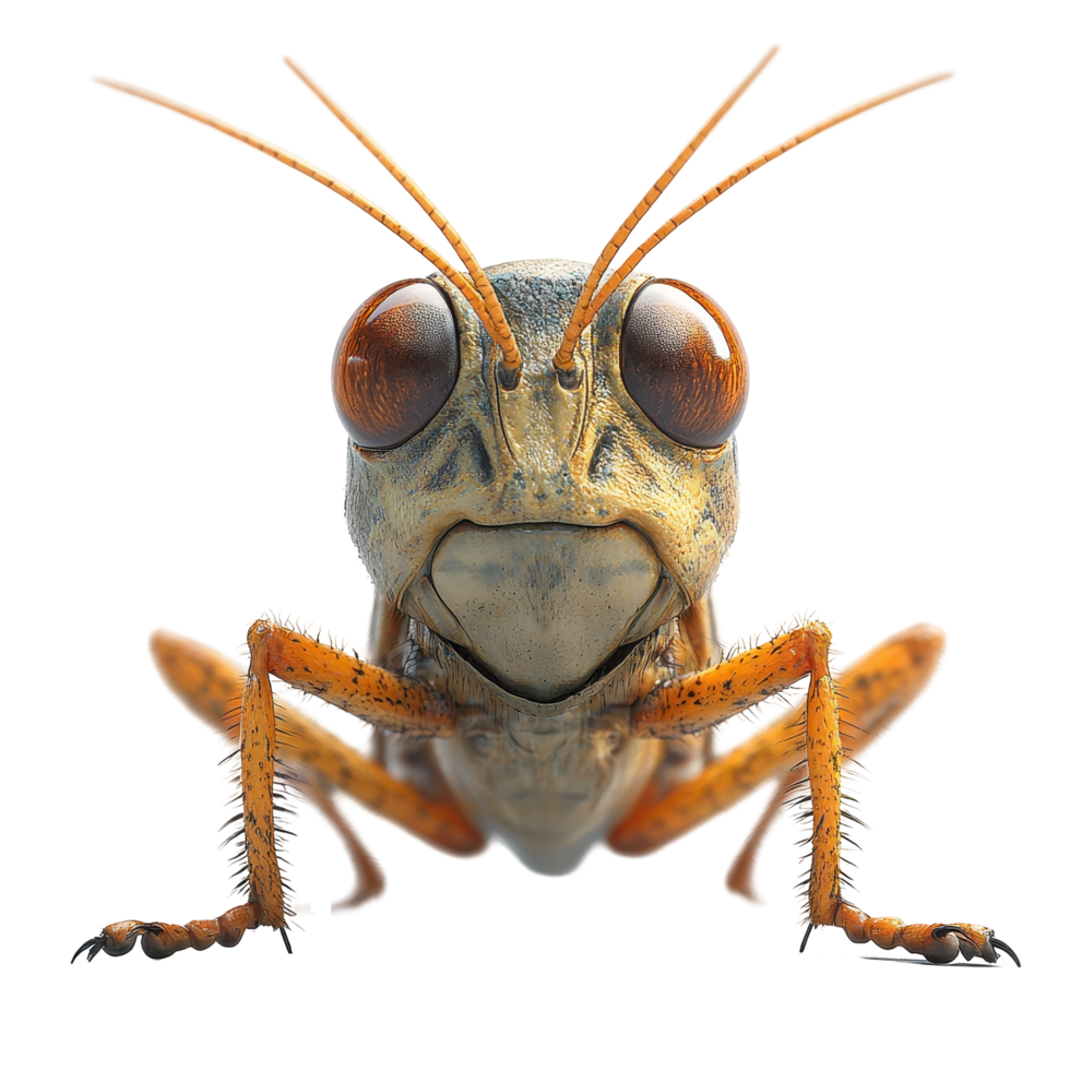 Close-up of a detailed grasshopper showcasing vivid colors and intricate features in a white background setting isolated on transparent background. png