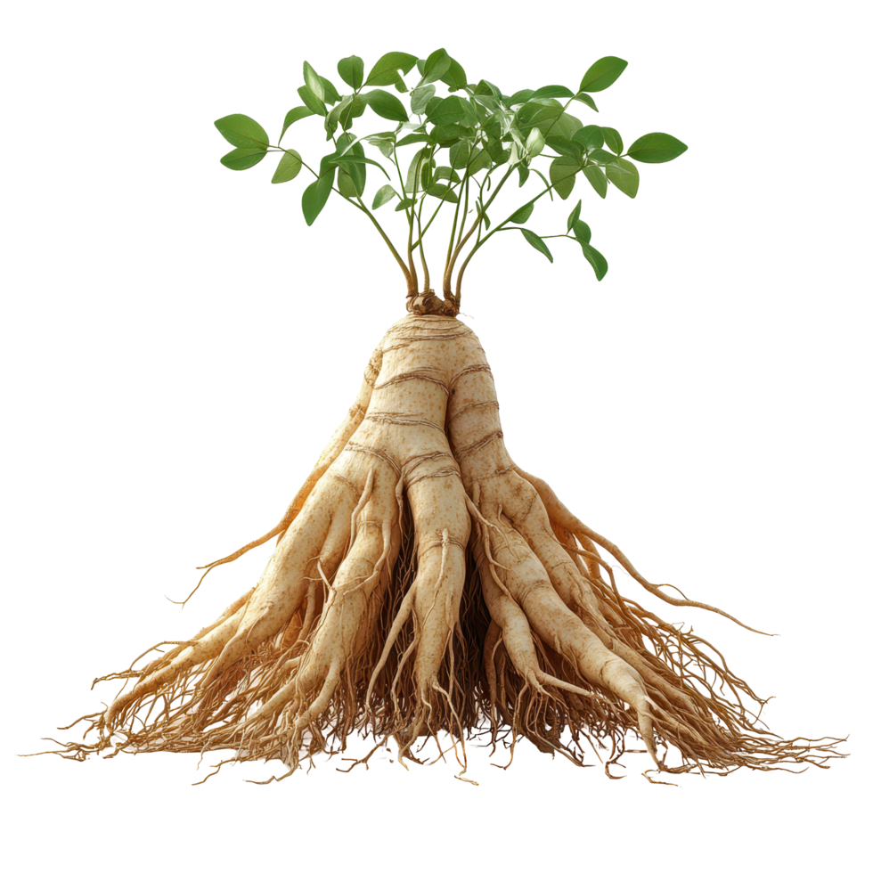 Root system with green leaves showcasing healthy growth in natural environment isolated on transparent background. png