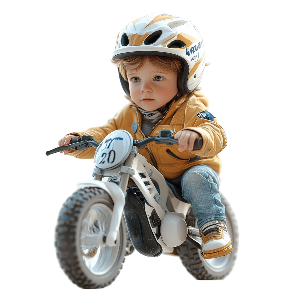 Young child riding a small motorcycle with a helmet in a natural setting during the day isolated on transparent background. png