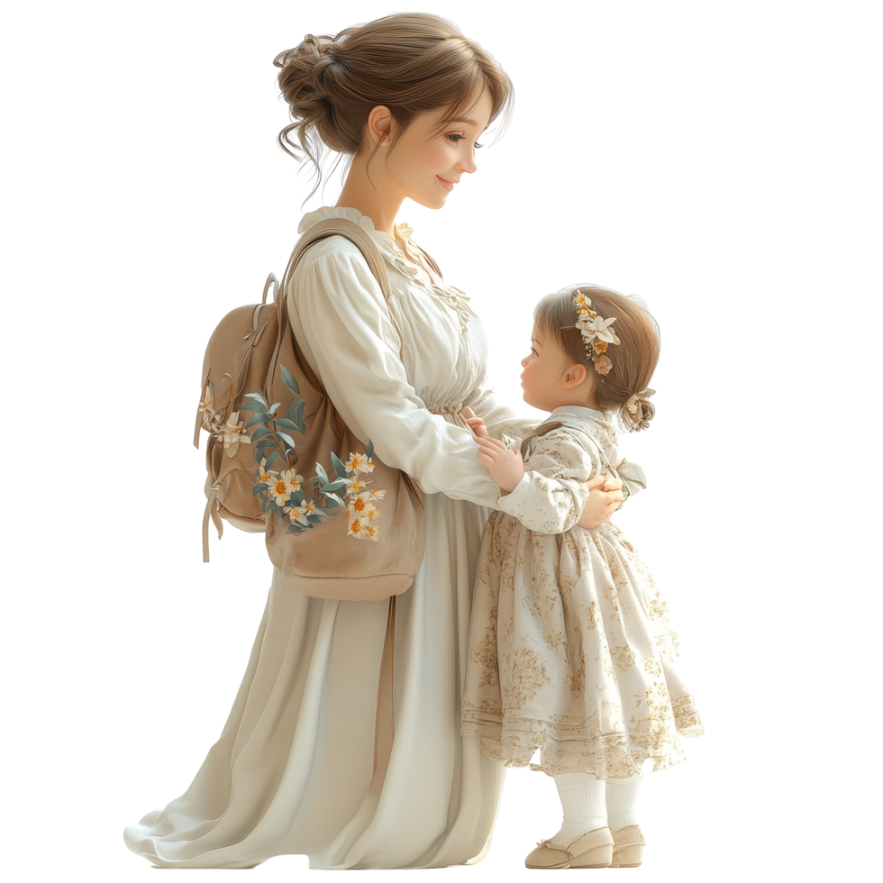 Mother and daughter sharing a tender moment in a serene setting with natural light and soft colors isolated on transparent background. png