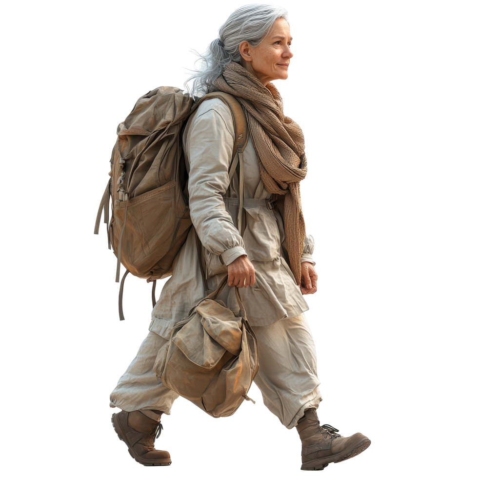 Elderly woman hiking through nature with large backpack and walking gear during daytime isolated on transparent background. png