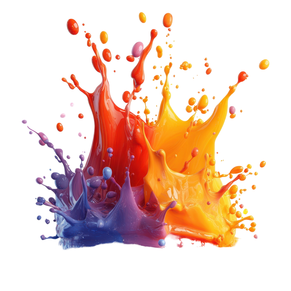 Colorful paint splashes creating dynamic visual effects in bright hues during artistic expression isolated on transparent background. png