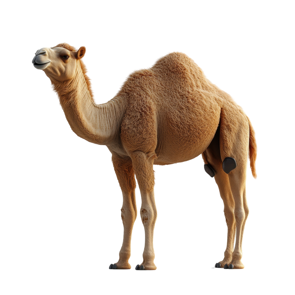 Unique camel stands proudly in a desert landscape under sunshine, showcasing its distinctive features and warm fur isolated on transparent background. png