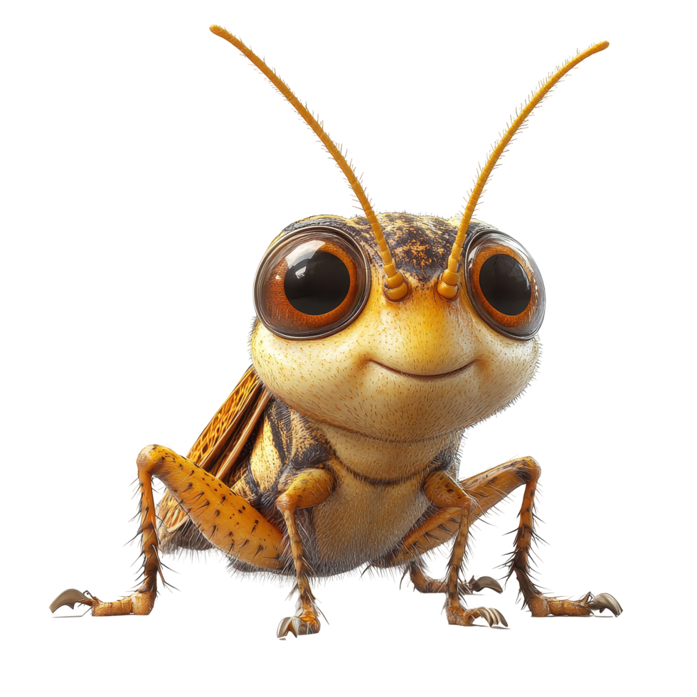 Detailed illustration of a smiling grasshopper sitting on a white background showcasing its vibrant features and textures isolated on transparent background. png
