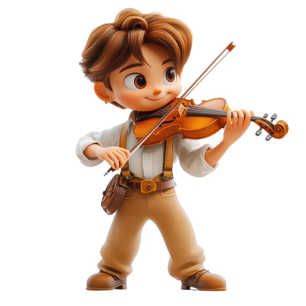 Young musician plays violin with joy in a charming animated setting isolated on transparent background. png