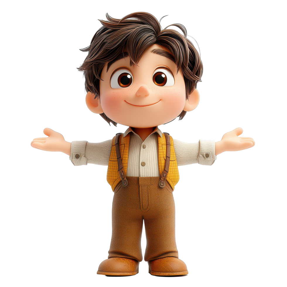 Cute animated character with brown hair and friendly expression standing with arms open in a warm setting isolated on transparent background. png