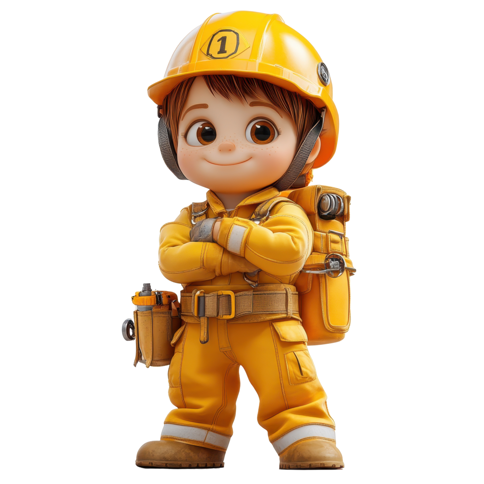 Cute young construction worker in bright yellow uniform showcases teamwork and playfulness in animated style for children isolated on transparent background. png