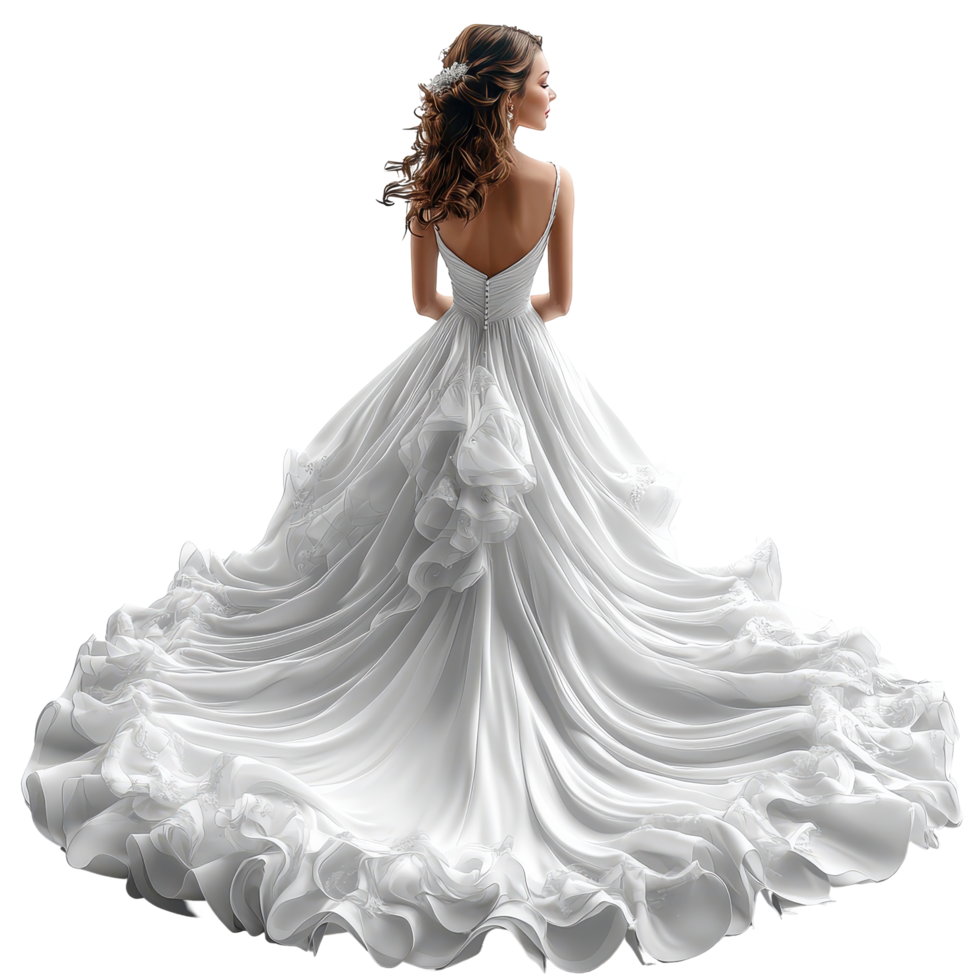 Elegant bride showcasing a stunning white wedding dress with flowing ruffles and intricate detailing while posing gracefully isolated on transparent background. png