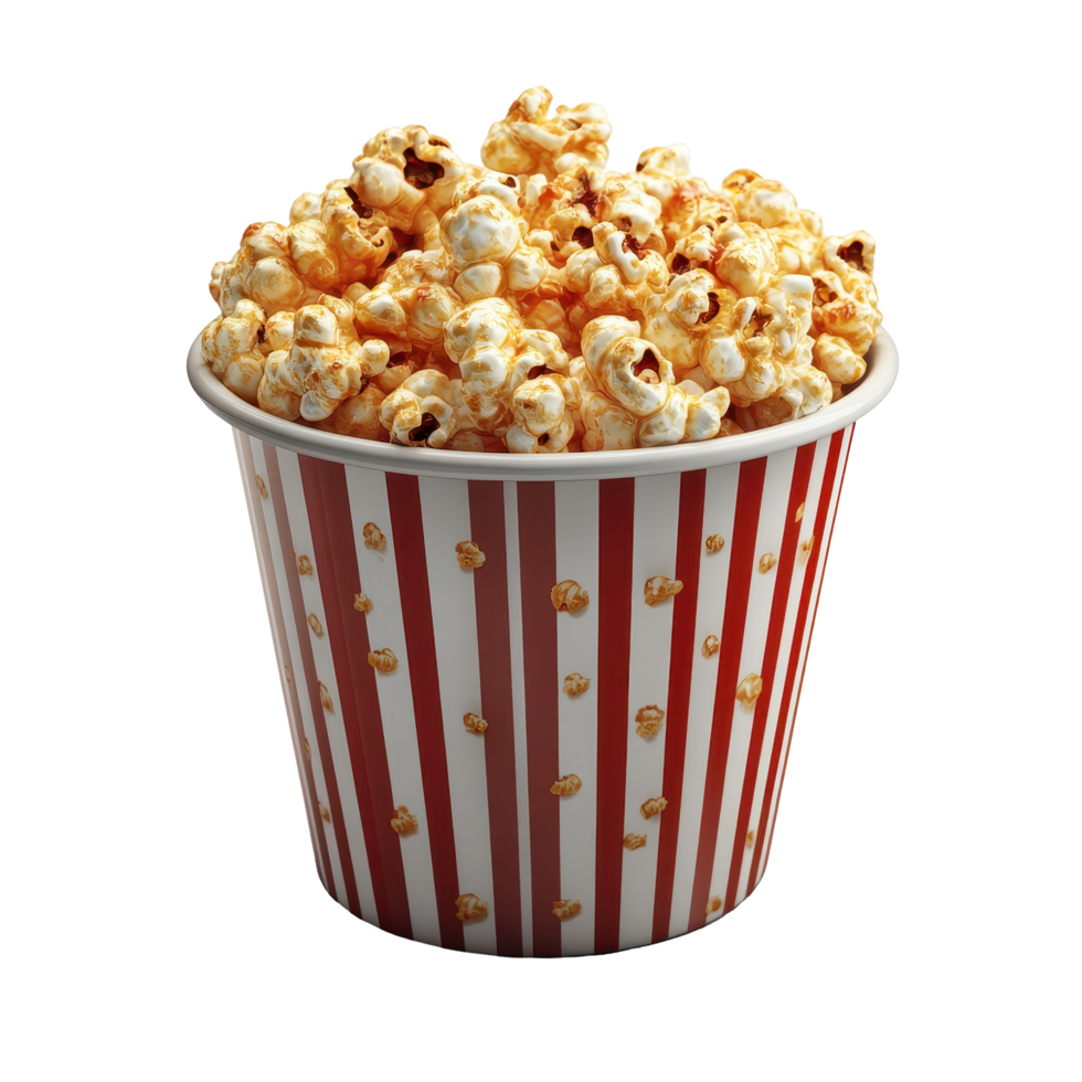 Enjoying freshly popped popcorn served in a classic red and white striped container during movie night isolated on transparent background. png