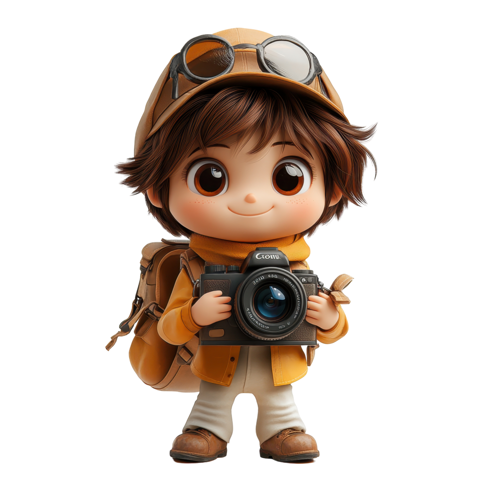 Child with camera ready for adventure in yellow outfit and backpack outdoors isolated on transparent background. png