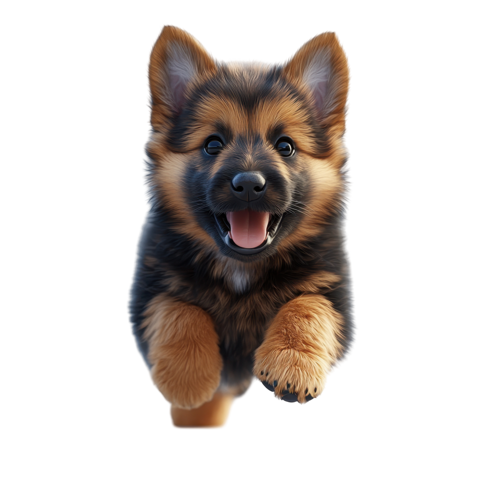 Happy puppy runs energetically with a joyful expression in an open space during daylight isolated on transparent background. png