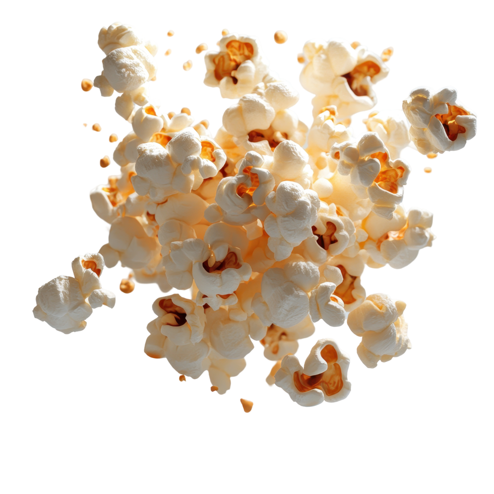 Freshly popped popcorn flying through the air in a light, airy setting isolated on transparent background. png