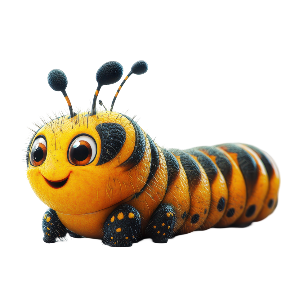 Cute cartoon caterpillar with a happy expression sitting on a bright surface in a cheerful setting isolated on transparent background. png