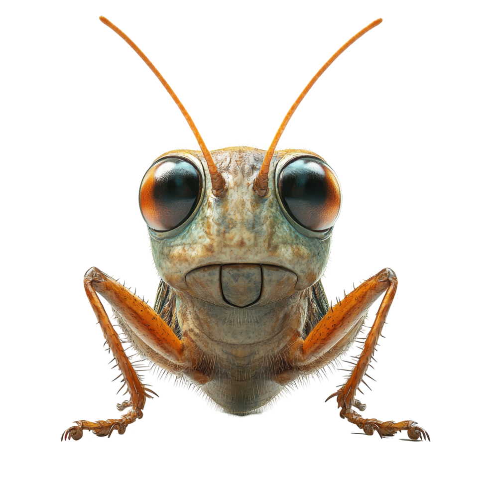 Close-up view of a grasshopper displaying intricate details and vibrant colors in a studio setting isolated on transparent background. png