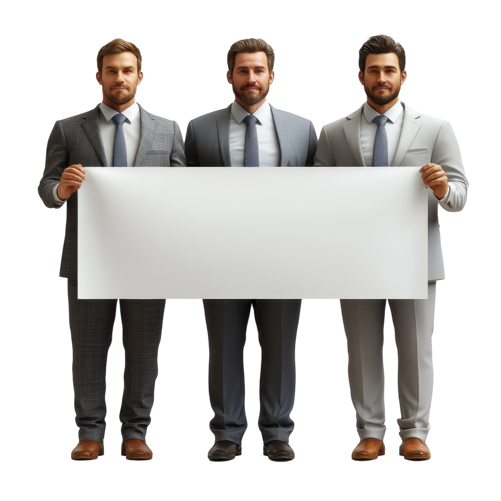 Group of three men in formal suits holding a blank sign in a neutral setting during daytime isolated on transparent background. png