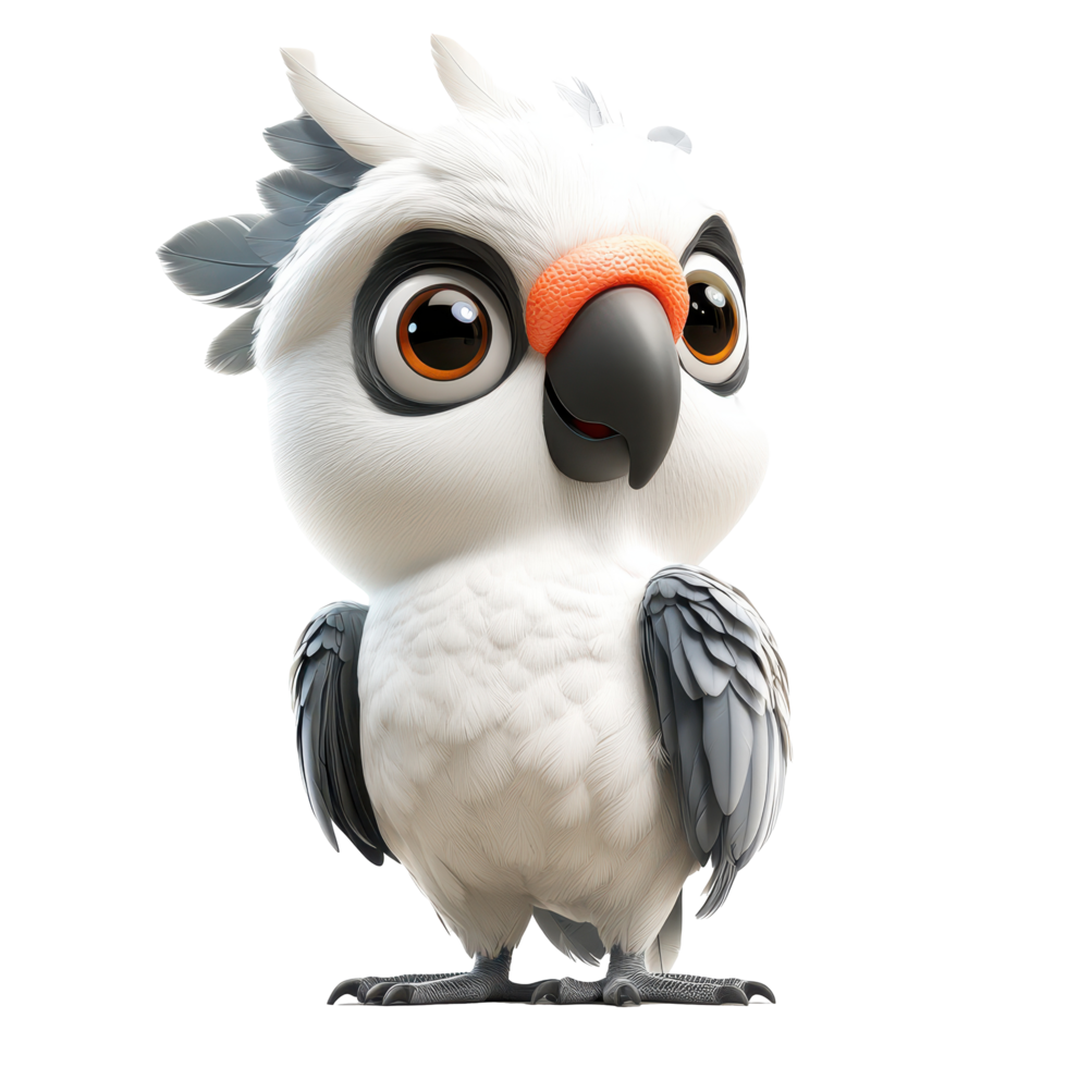 Cute and playful cartoon bird character with big eyes and fluffy feathers in a whimsical setting isolated on transparent background. png