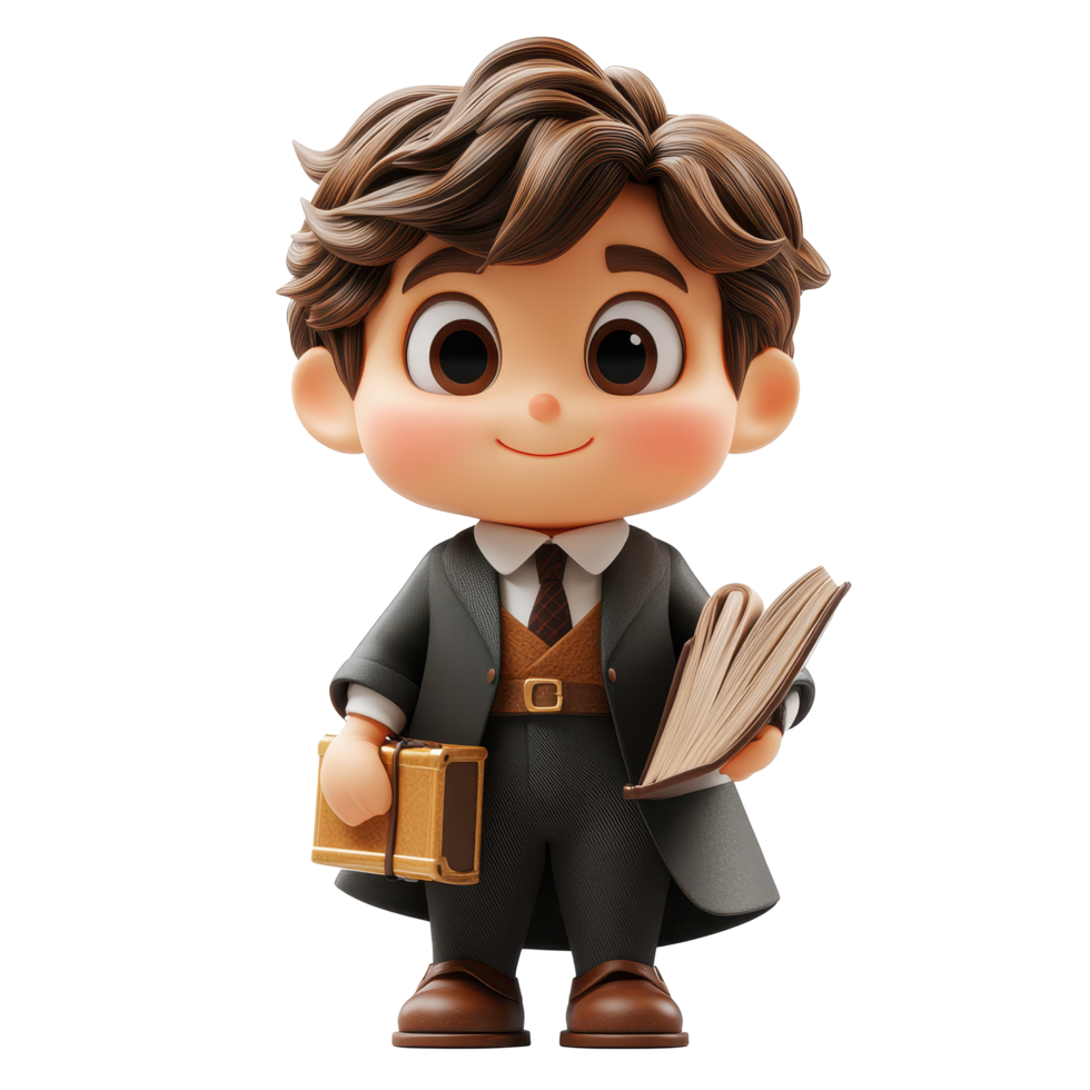Cute animated character dressed as a scholar holding a book and a briefcase in a whimsical setting isolated on transparent background. png