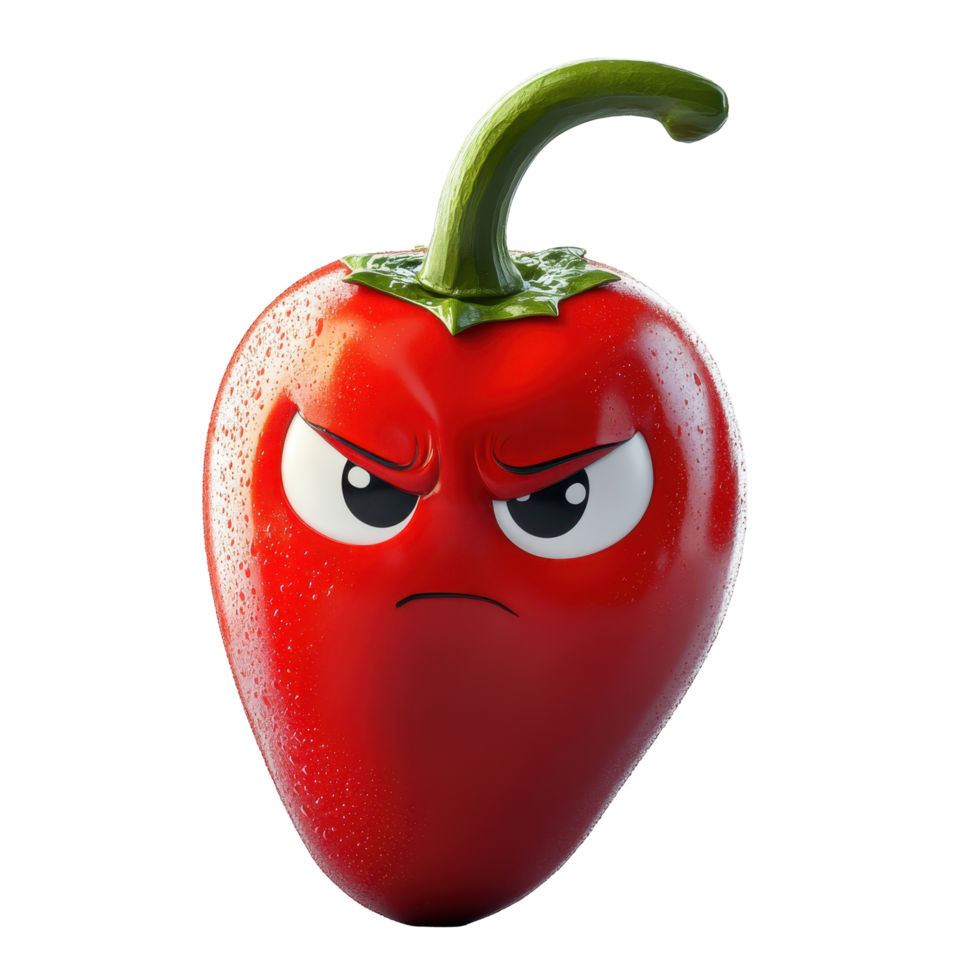 Red chili pepper character with a frowning expression shows displeasure in a playful cartoon design isolated on transparent background. png