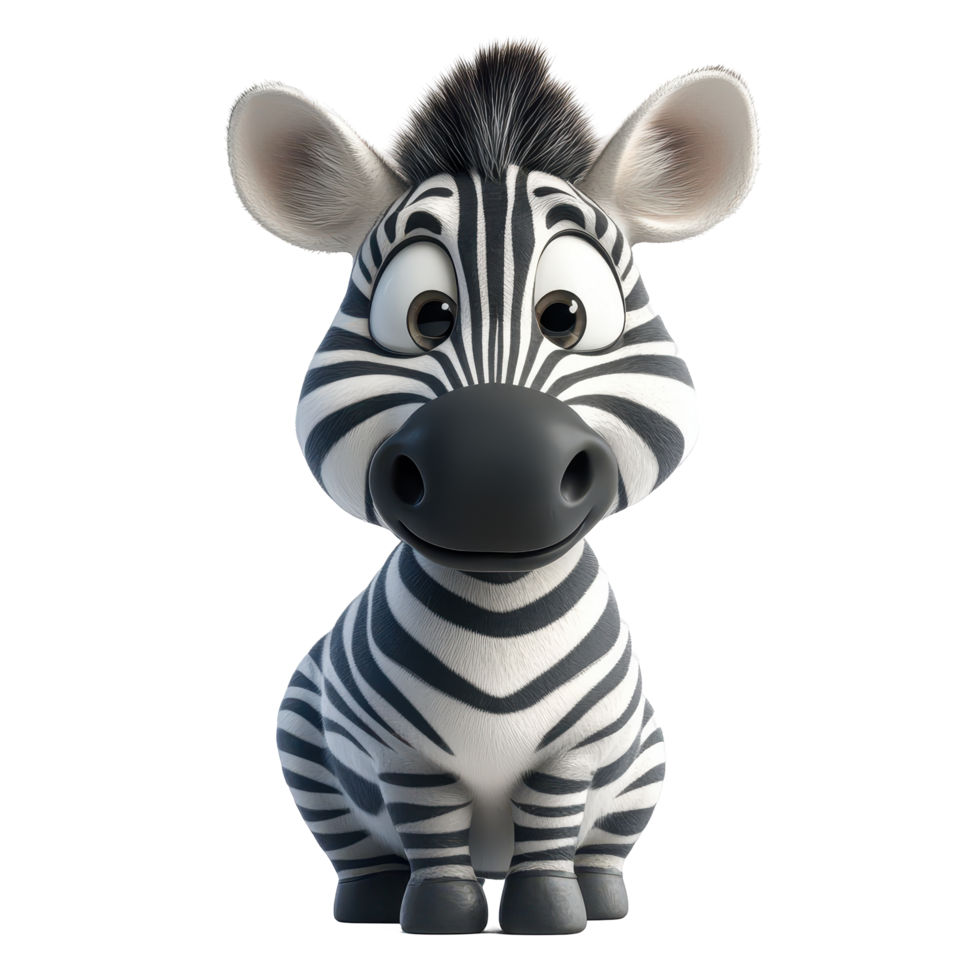 Cute cartoon zebra with big eyes and a friendly smile sitting on a white background isolated on transparent background. png