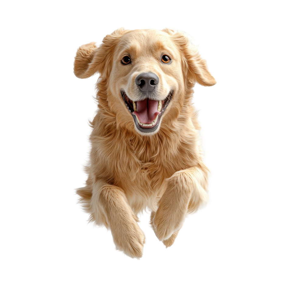 Happy golden retriever joyfully leaps in mid-air against a clean white background showcasing pure excitement and energy isolated on transparent background. png
