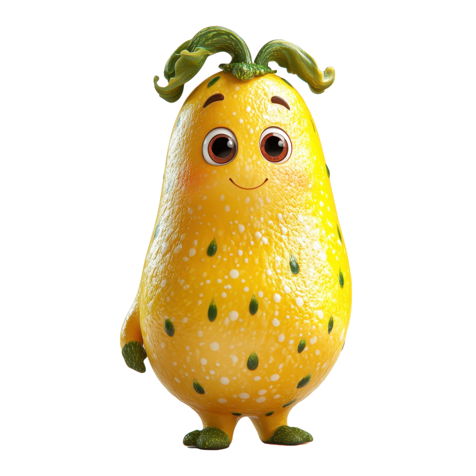 Cheerful cartoon character resembling a fruit with big eyes and a happy expression standing playfully isolated on transparent background. png