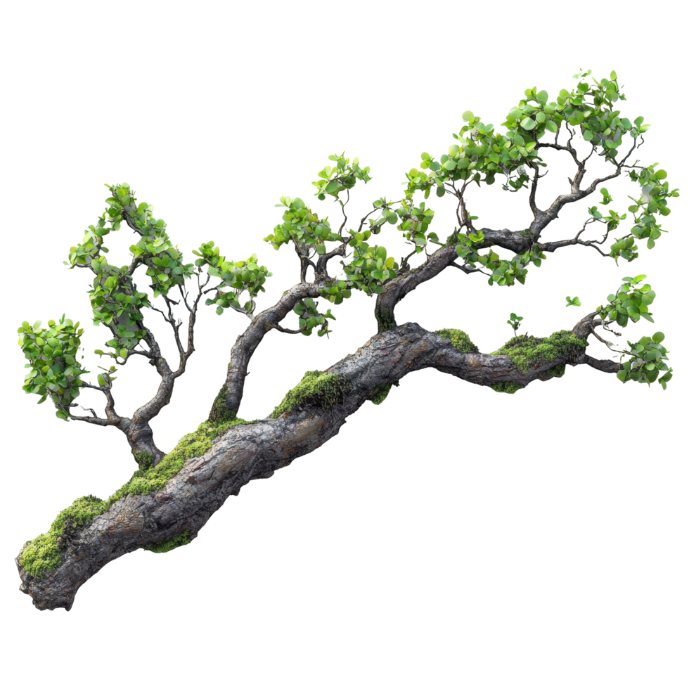 Unique tree branch with vibrant green leaves and intricate structure found in a forest setting isolated on transparent background. png
