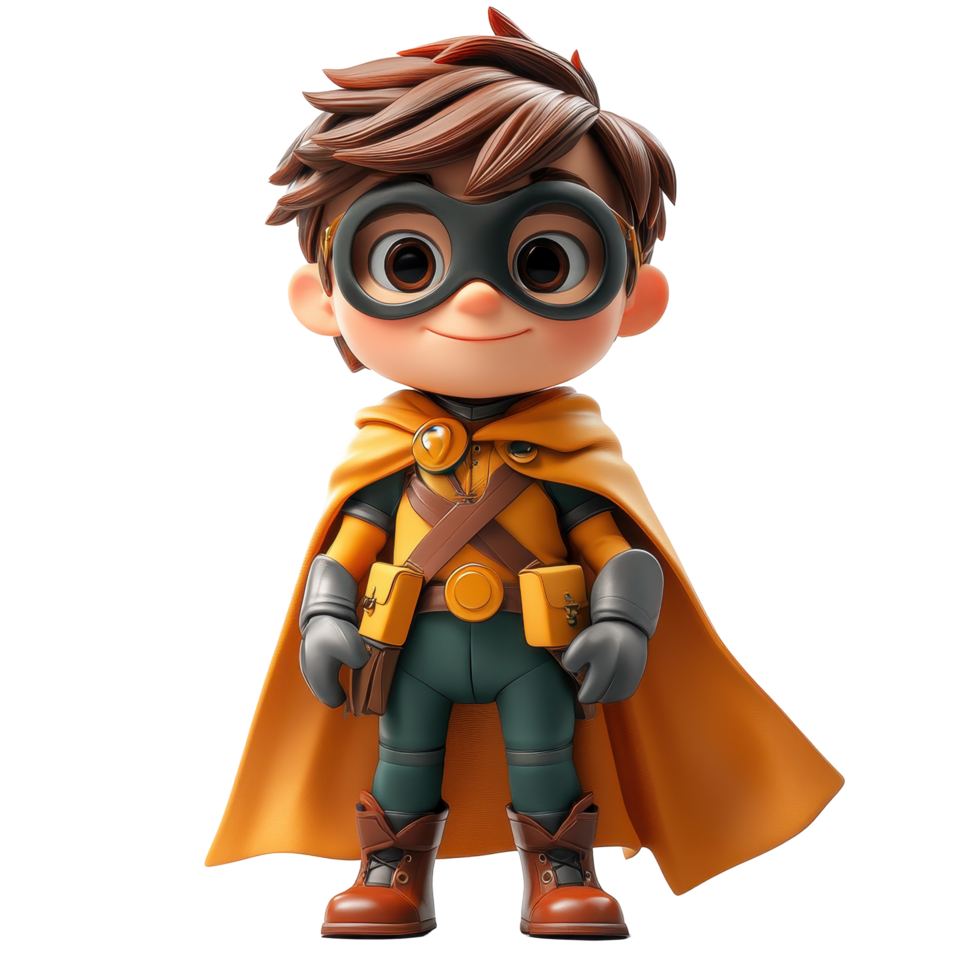 Creative superhero character stands proudly in colorful costume with a cape and utility belt showcasing playful charm isolated on transparent background. png