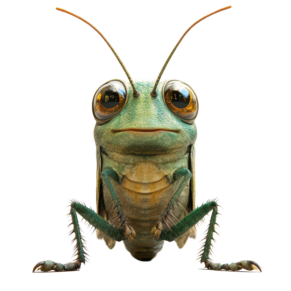 Close-up of a green grasshopper with large eyes and intricate details against a white background isolated on transparent background. png