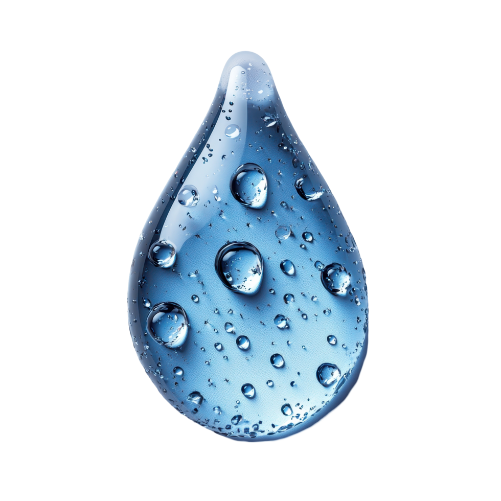 Drop of water with bubbles resting on a smooth surface reflecting light isolated on transparent background. png