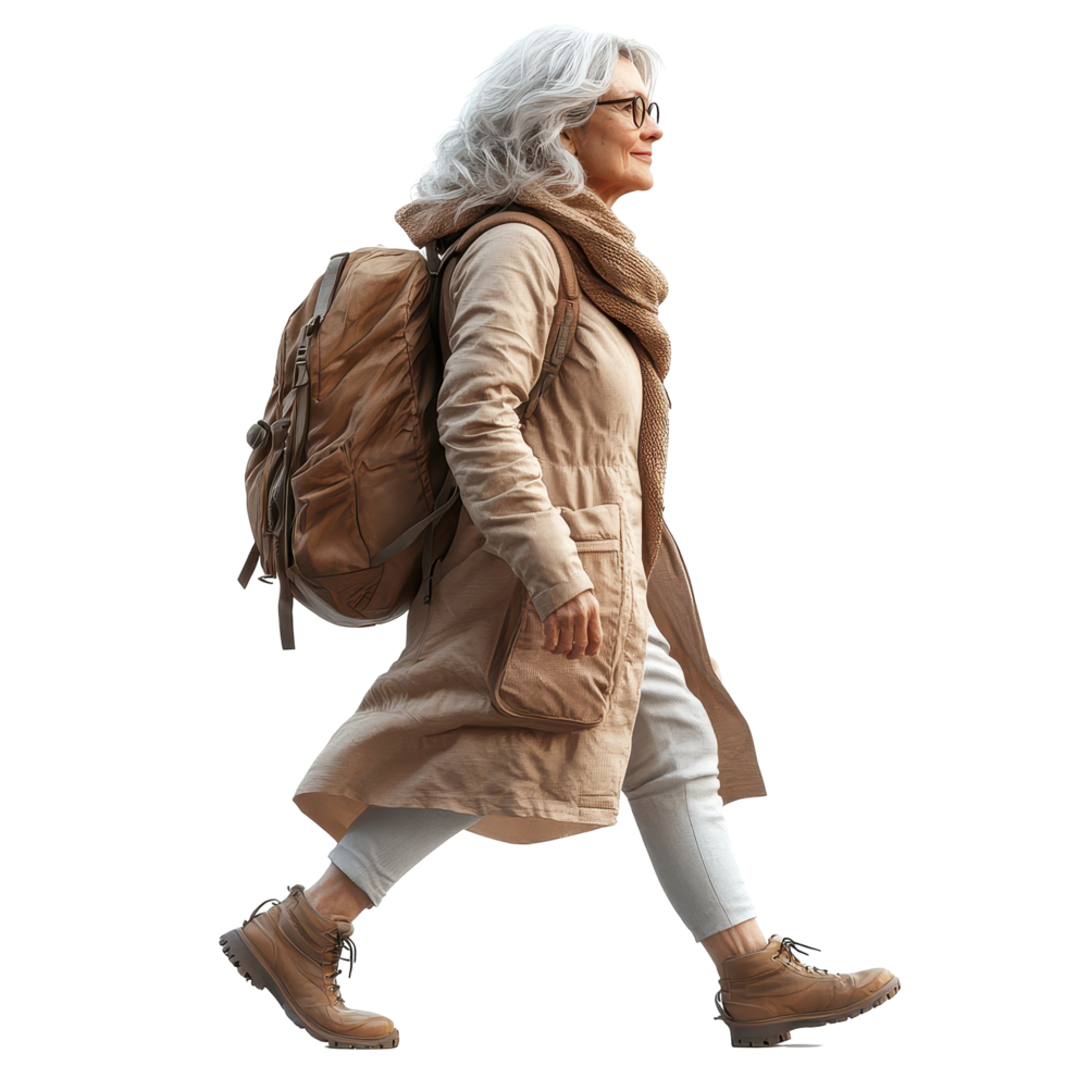 Senior woman hiking on a trail wearing a beige coat and carrying a backpack during a sunny day isolated on transparent background. png