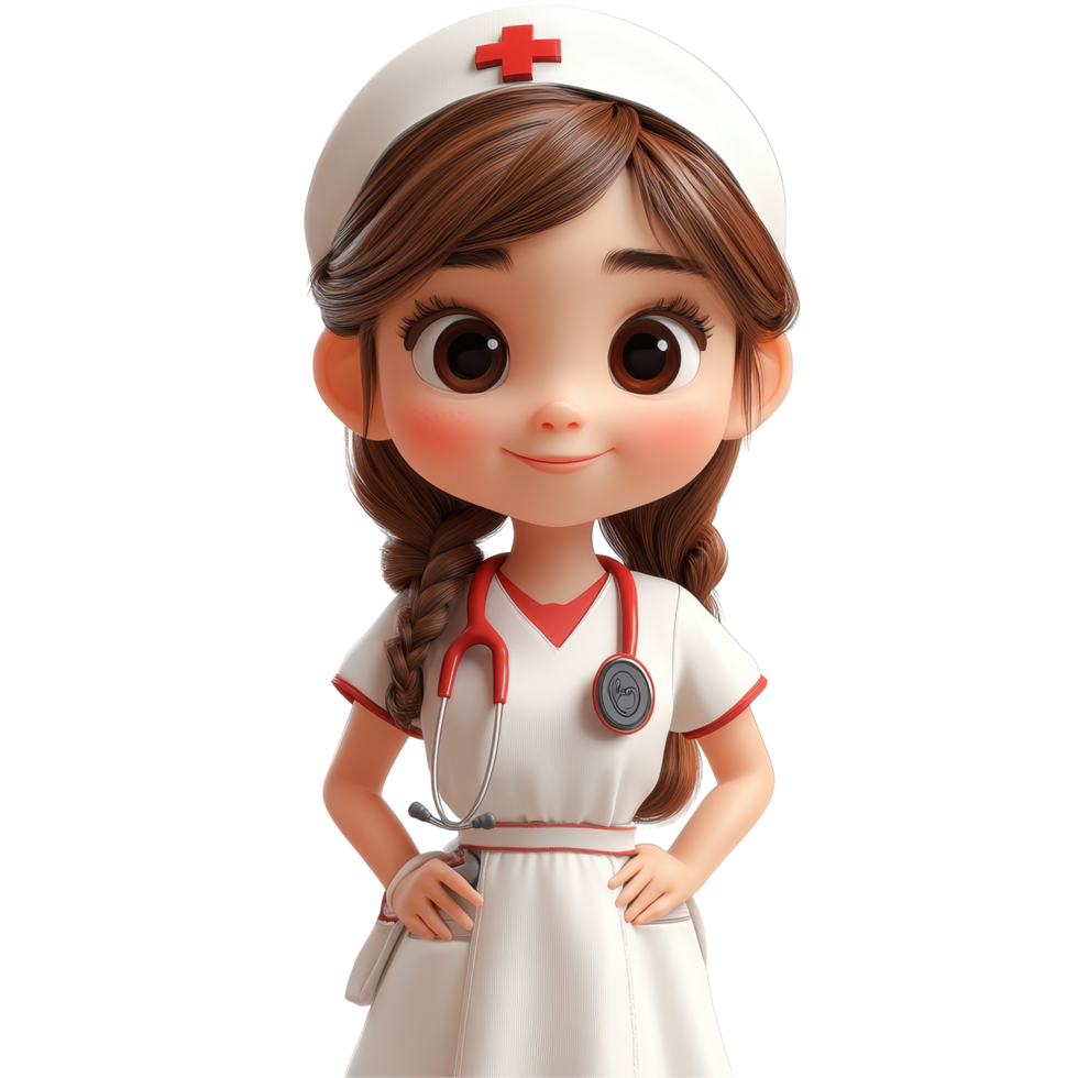 Nurse character in cartoon style wearing uniform with stethoscope and smiling in a cheerful pose isolated on transparent background. png