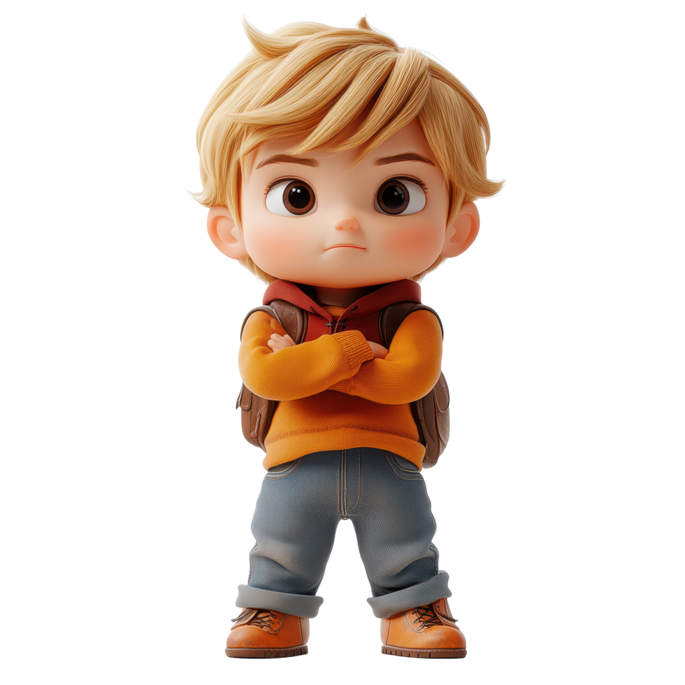 Young boy with blond hair and backpack poses confidently in a casual outfit in a bright setting isolated on transparent background. png