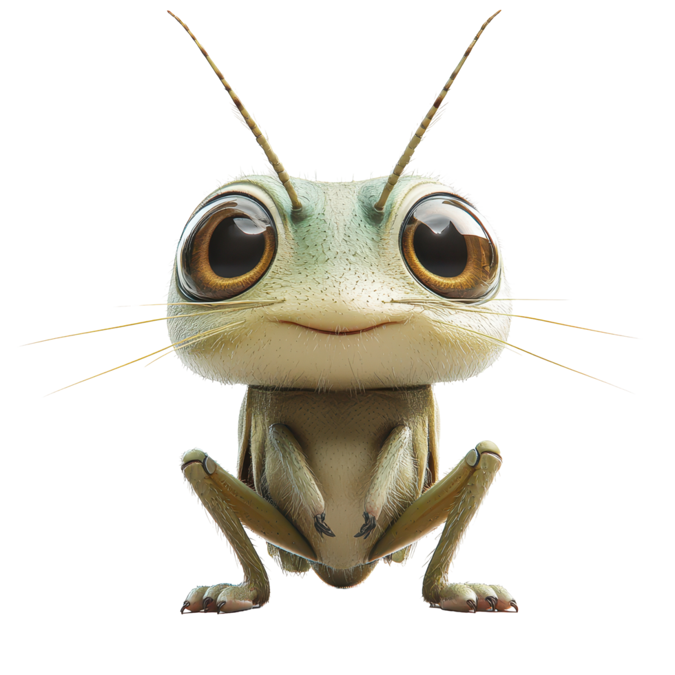 Cute animated grasshopper with large eyes and a friendly expression sitting upright in a simple background isolated on transparent background. png