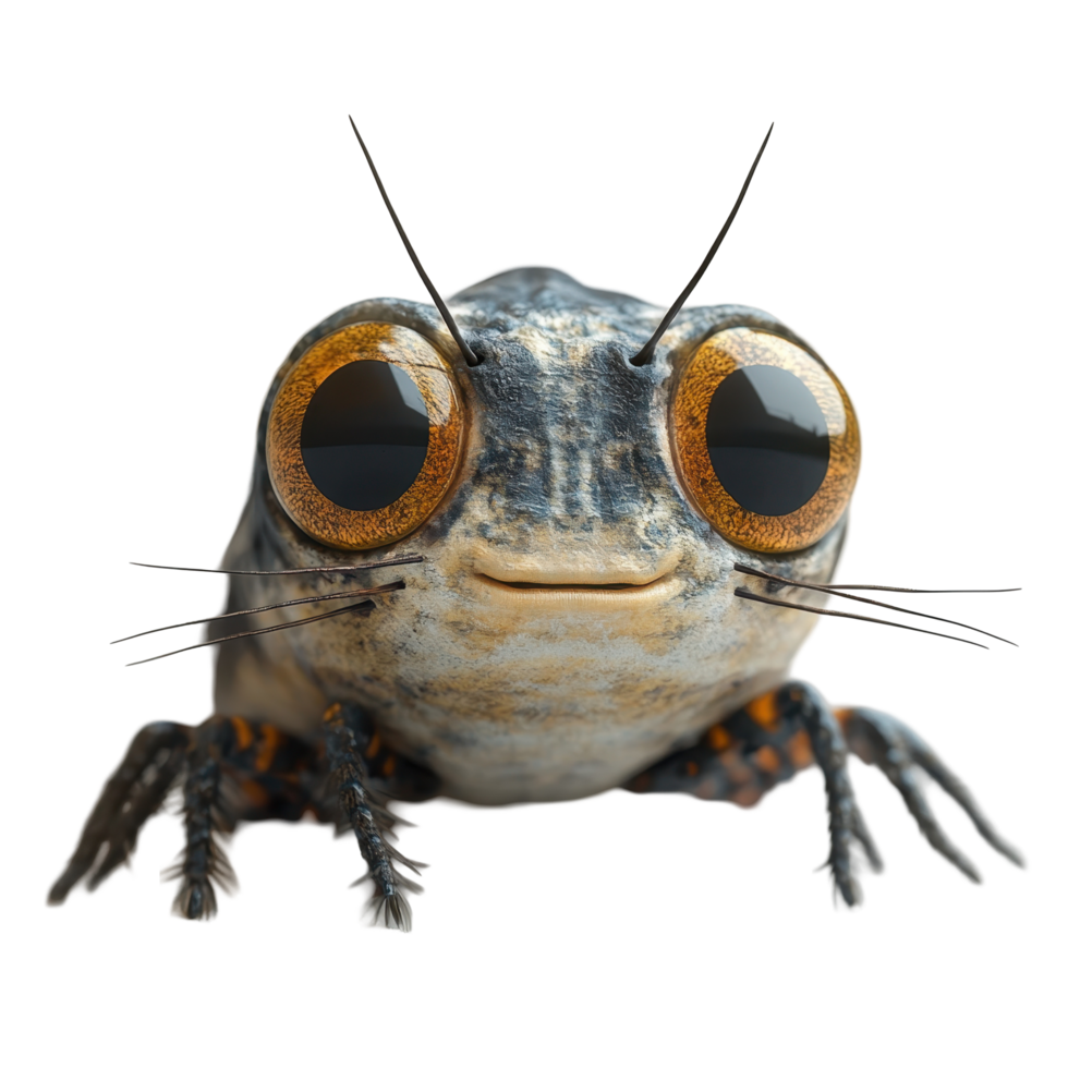 Close encounter with a unique amphibian displaying vibrant features and intriguing eyes in a well-lit setting isolated on transparent background. png
