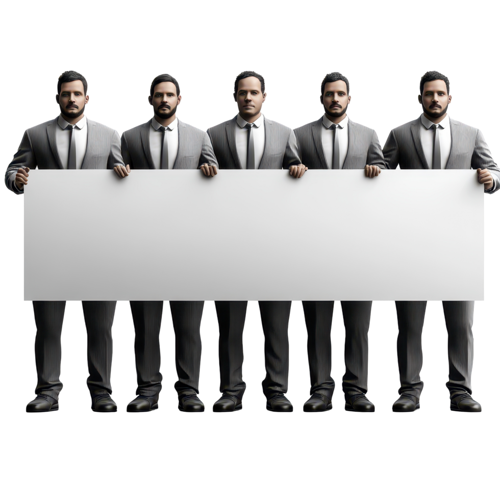 Group of men in suits holding a large blank sign for a public announcement or promotion in an urban setting isolated on transparent background. png