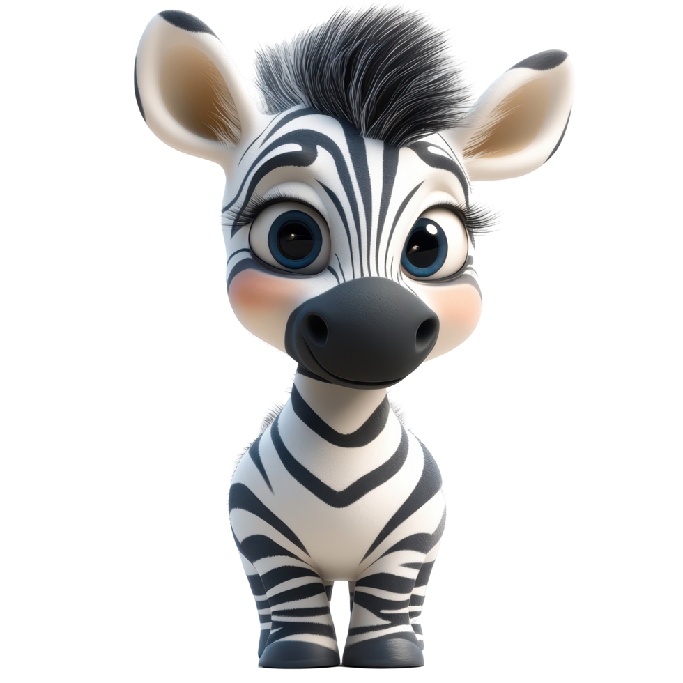 Cute cartoon zebra character with big eyes and playful expression in colorful animated style during a bright day isolated on transparent background. png