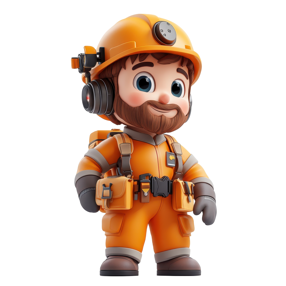 Cartoon character dressed as a miner in an orange suit with safety gear and a cheerful expression isolated on transparent background. png