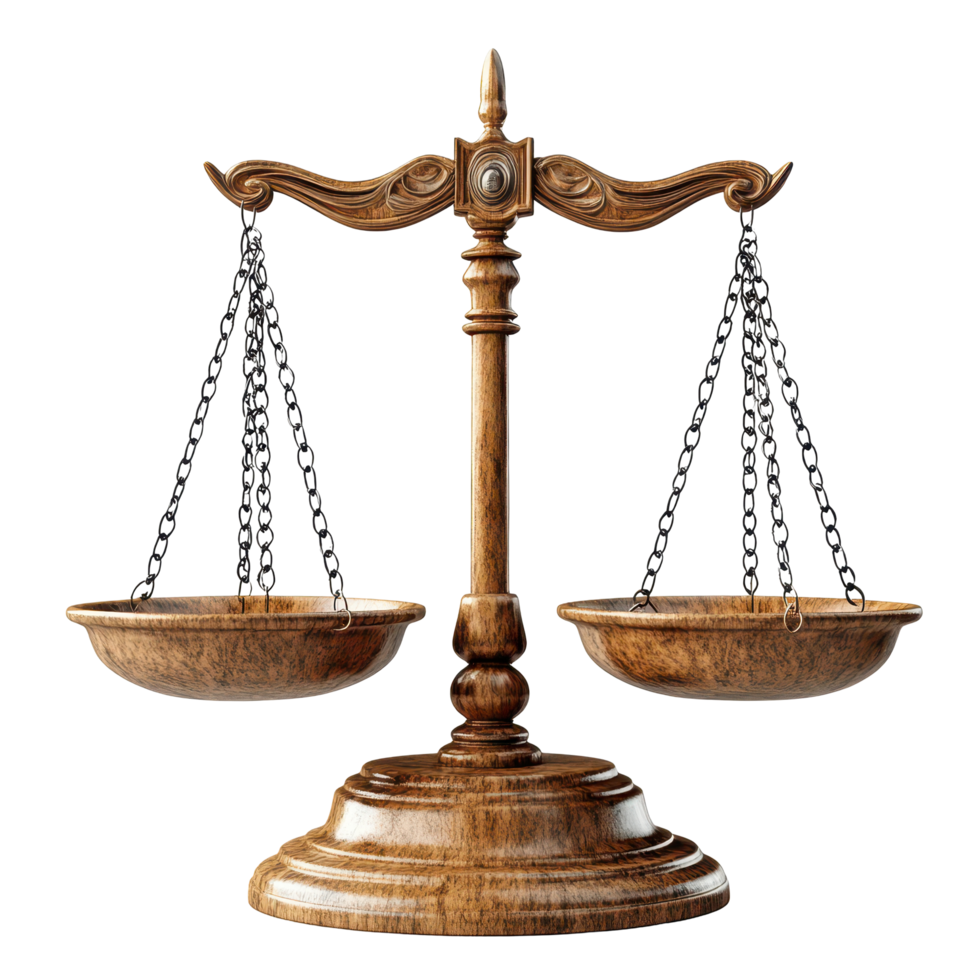 Balance symbol representing justice with traditional wooden scales on a neutral background isolated on transparent background. png