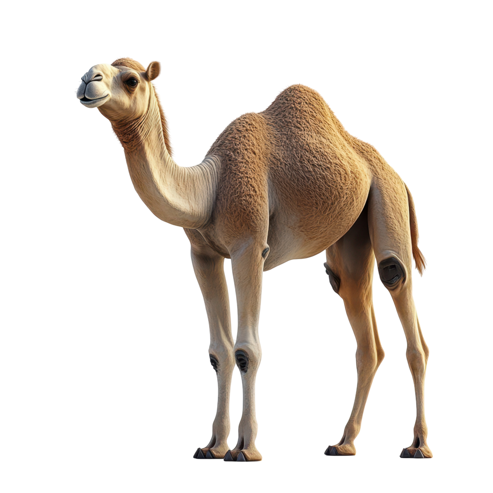 Camel standing gracefully in a desert landscape under clear blue skies during midday light isolated on transparent background. png