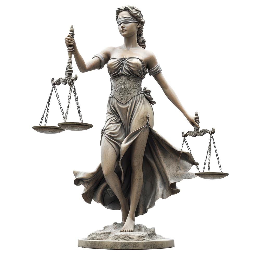 Beautifully crafted statue of Lady Justice holding scales, symbolizing fairness and the law isolated on transparent background. png