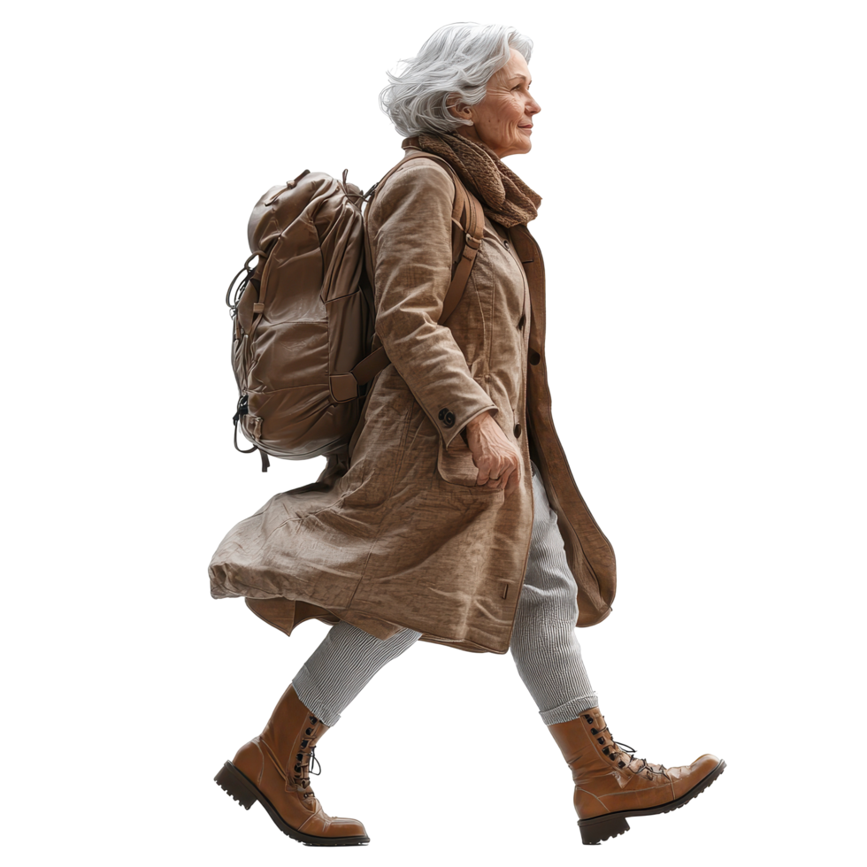 Woman walking with backpack in a stylish outfit during a casual outdoor adventure isolated on transparent background. png